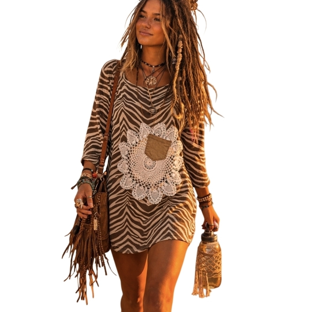 4/$15 Bohemian Brown Zebra Dress Crochet Detail J Crew Vintage Festival szM - Picture 5 of 10